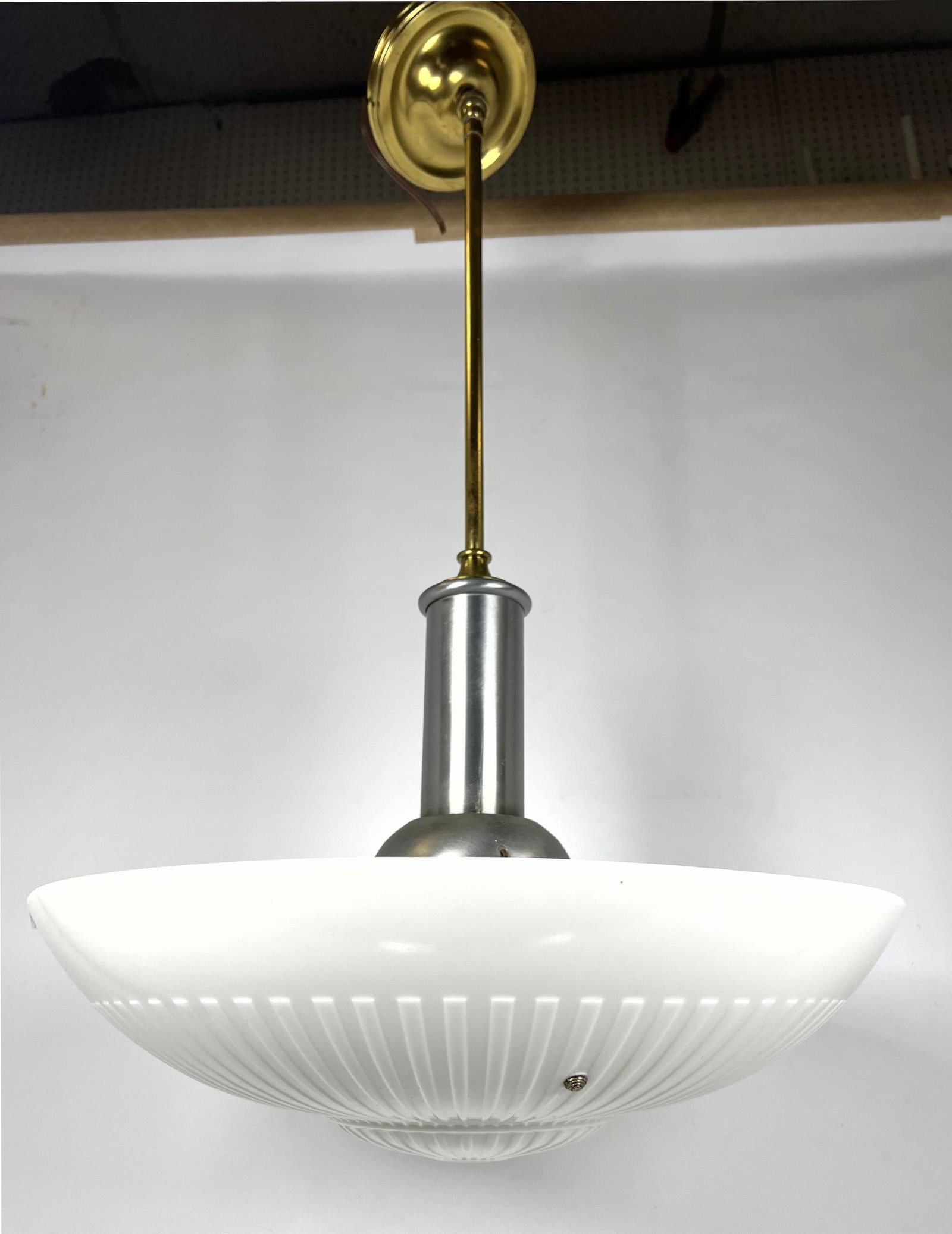 Art Deco Style Glass and Metal Pendant Chandelier Lamp.: Art Deco Style Glass and Metal Pendant Chandelier Lamp. -- Dimensions: H: 32 inches: W: 18.75 inches: D: 18.75 inches ---