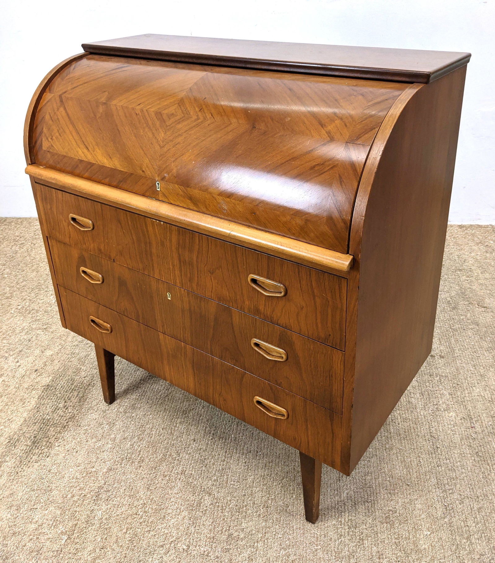 Roll Top Desk with Parquetry Details. Roll top above th: Roll Top Desk with Parquetry Details. Roll top above three drawers.-- Dimensions: H: 38 inches: W: 35 inches: D: 18.5 inches ---