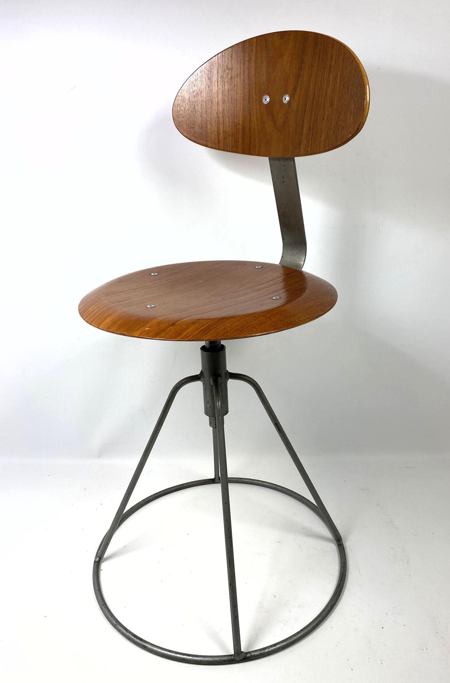 Molded Wood and Iron Drafting Stool Chair. Unique base. (1 of 8)