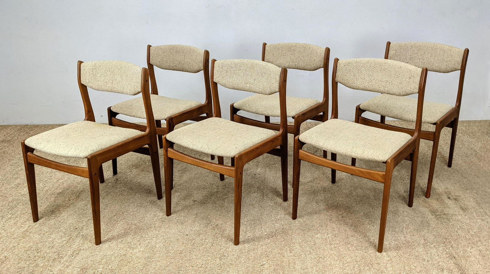 Set 6 KD Furniture Teak Dining Chairs. Oatmeal upholste (1 of 13)