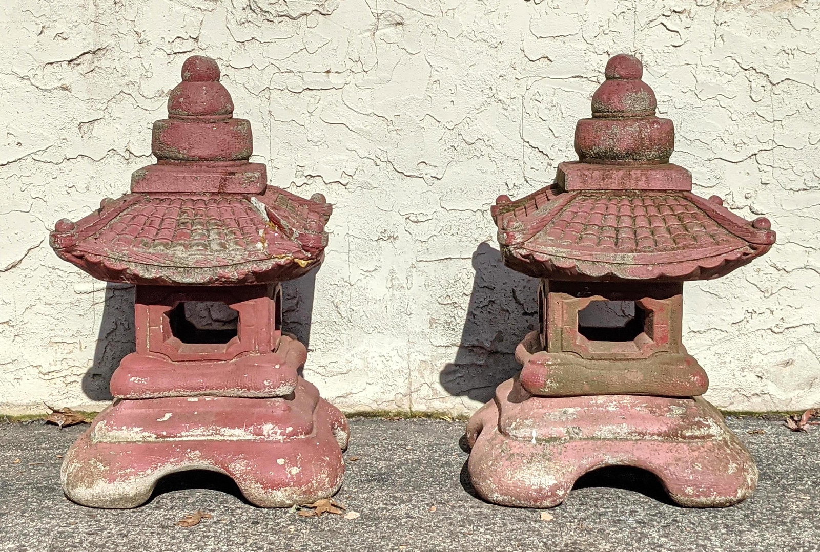 Pair Cast Stone Garden Pagoda Sculptures. Red Paint. 19 (1 of 14)