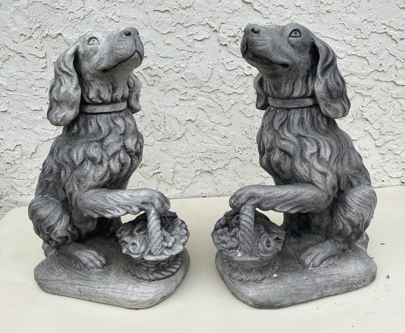 Pr Signed Concrete Dog Statues. Dogs with Flower Basket (1 of 14)