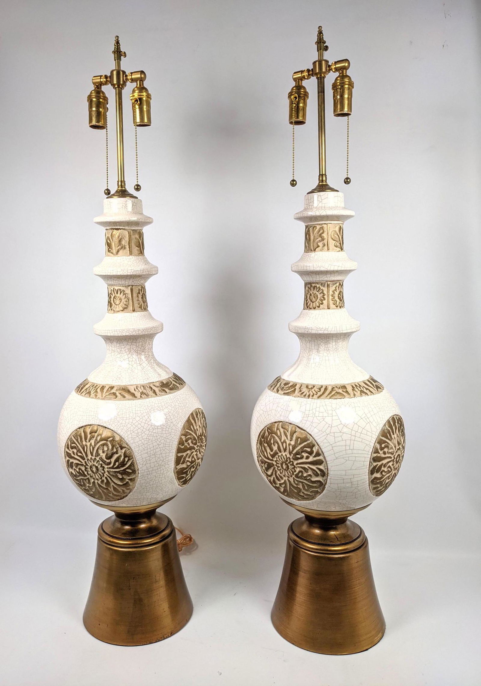 Pr Crackle Ceramic Table Lamps. Bulbous with Long necks (1 of 11)