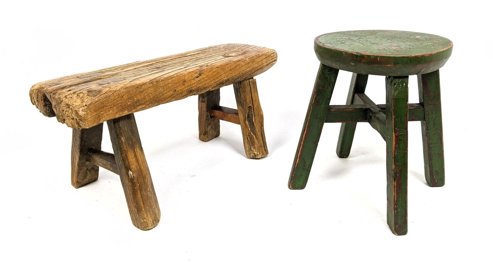 2pc Vintage Primitive Wood Stools. 1). Painted green ro (1 of 15)
