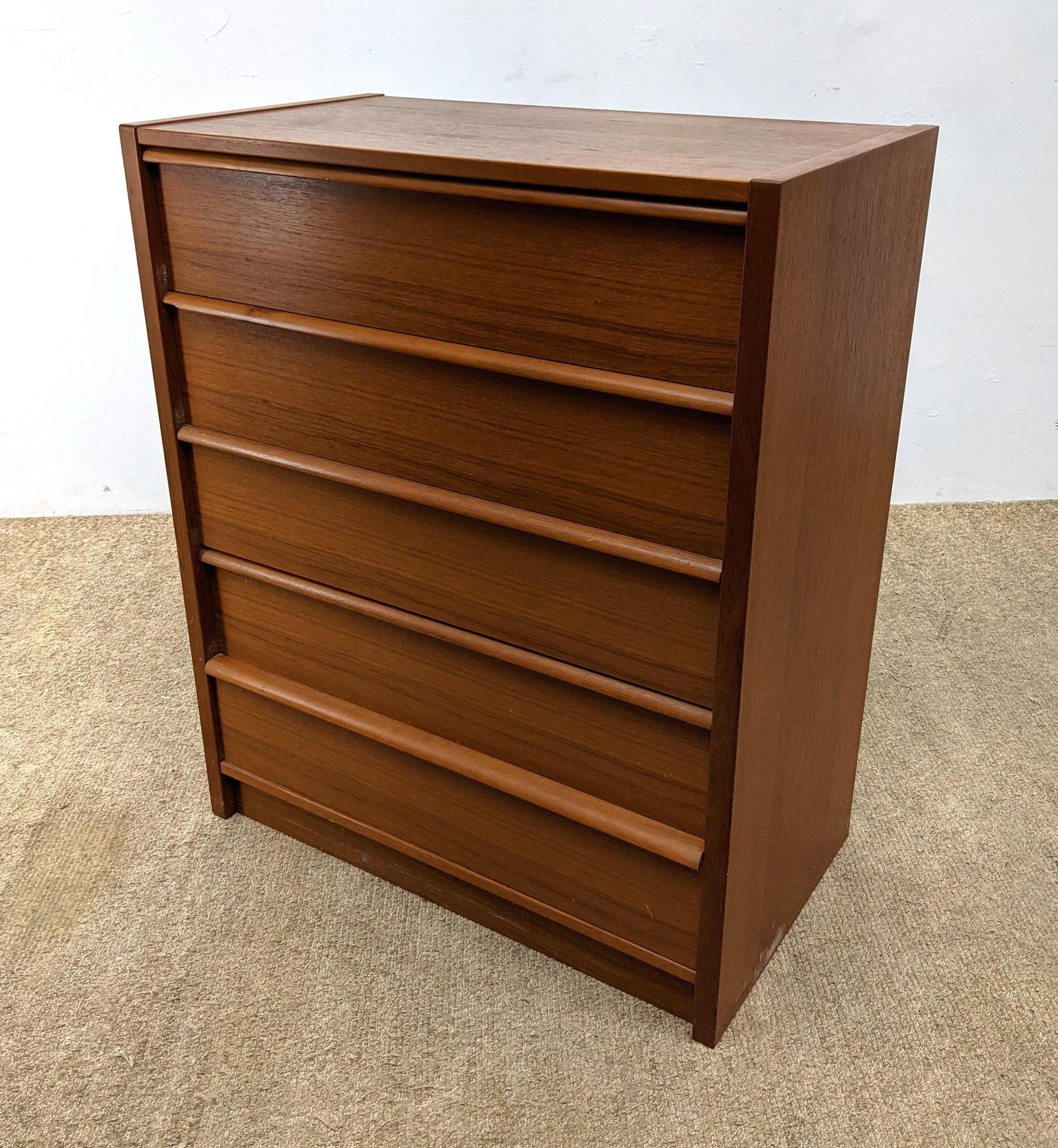 FM, HJ Danish Modern Teak Tall Chest Dresser. Horizonta: FM, HJ Danish Modern Teak Tall Chest Dresser. Horizontal Wood Handles pulls. Marked-- Dimensions: H: 33 inches: W: 65 inches: D: 19 inches ---