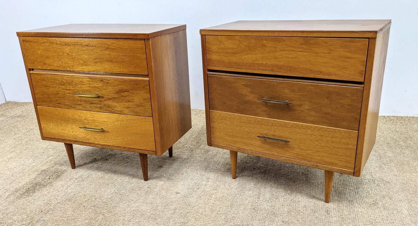 Pr American Modern Bachelor's Chests Dressers. Raised o: Pr American Modern Bachelor's Chests Dressers. Raised on peg legs. -- Dimensions: H: 29.75 inches: W: 23.5 inches: D: 24 inches ---