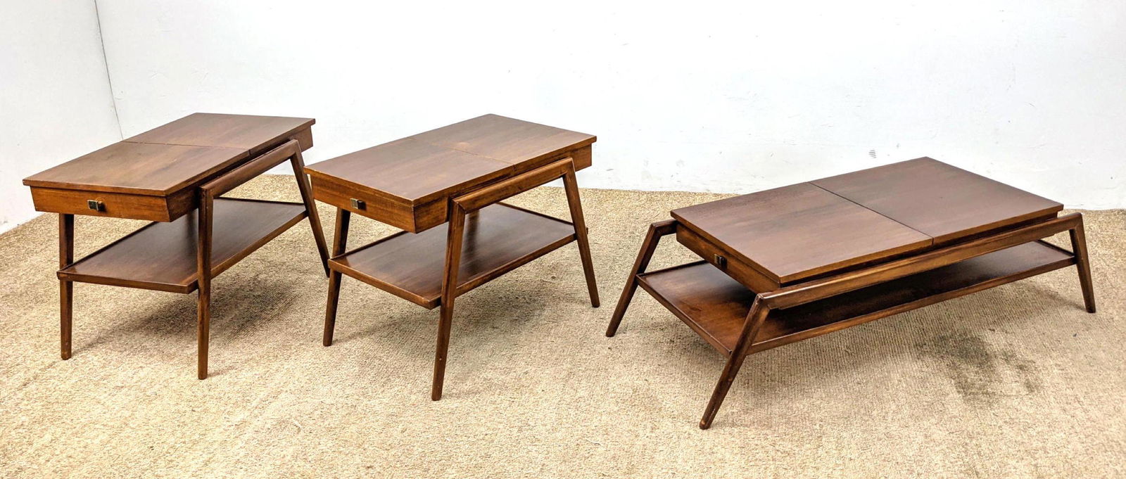 3pc American Modern Walnut Tables. All having two tiers (1 of 15)