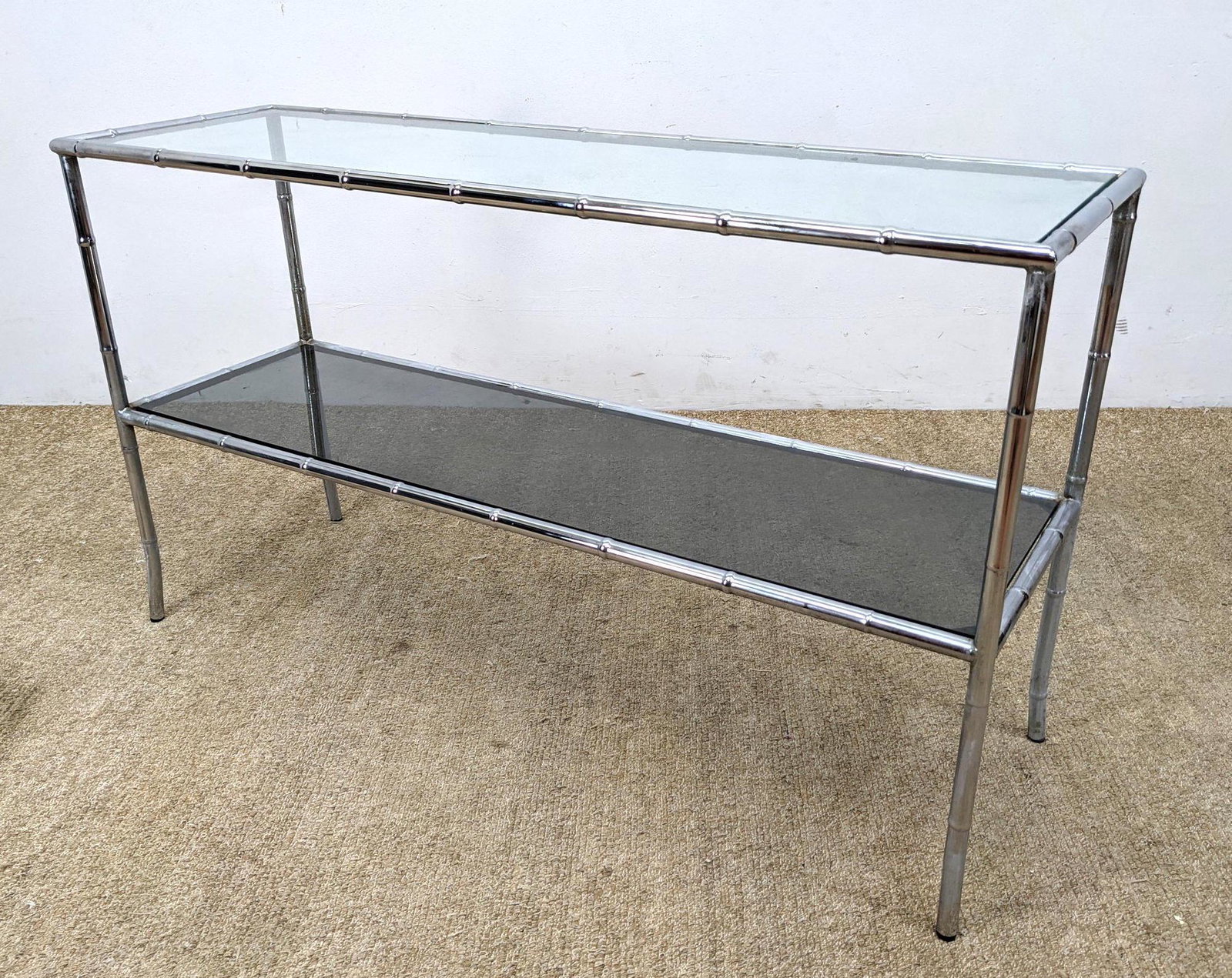 Chrome tube frame hall console table. Clear and smoked (1 of 10)