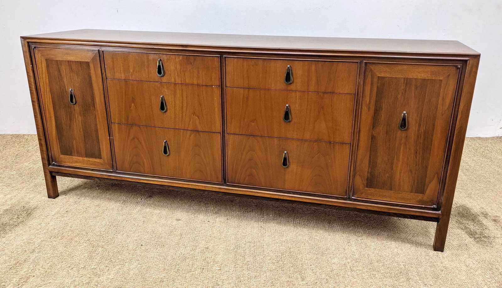 MOUNT AIRY American Modern Credenza. Metal teardrop pul: MOUNT AIRY American Modern Credenza. Metal teardrop pulls. Raised on legs. Marked.-- Dimensions: H: 31.5 inches: W: 74 inches: D: 19 inches ---