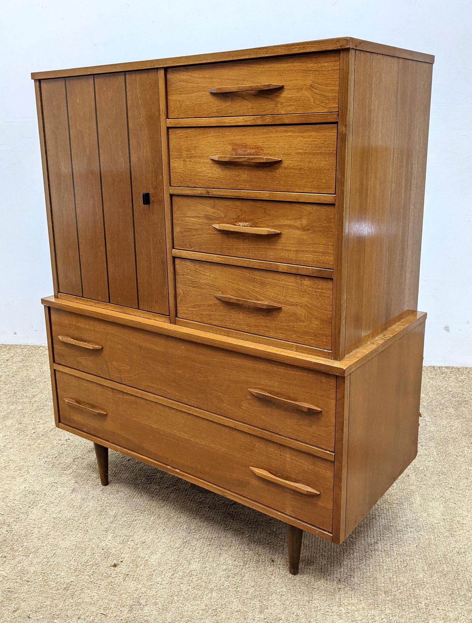 American Modern Walnut Tall Chest Dresser. Wood Handles (1 of 16)
