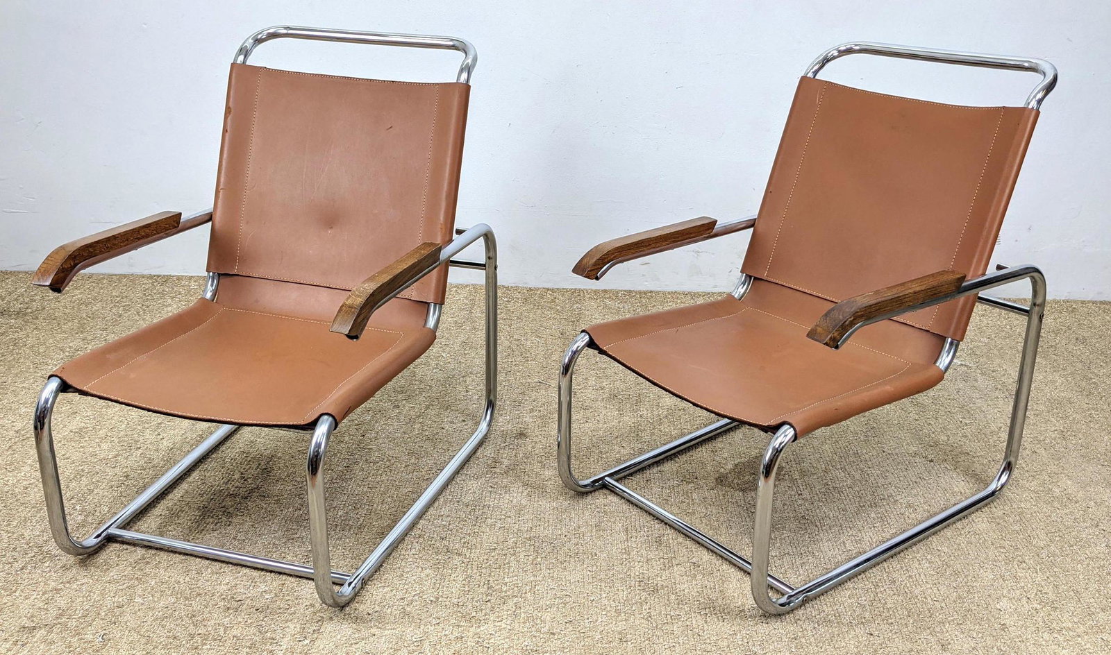 Pair MARCEL BREUER Lounge Chairs. Wood handles. Chrome (1 of 18)