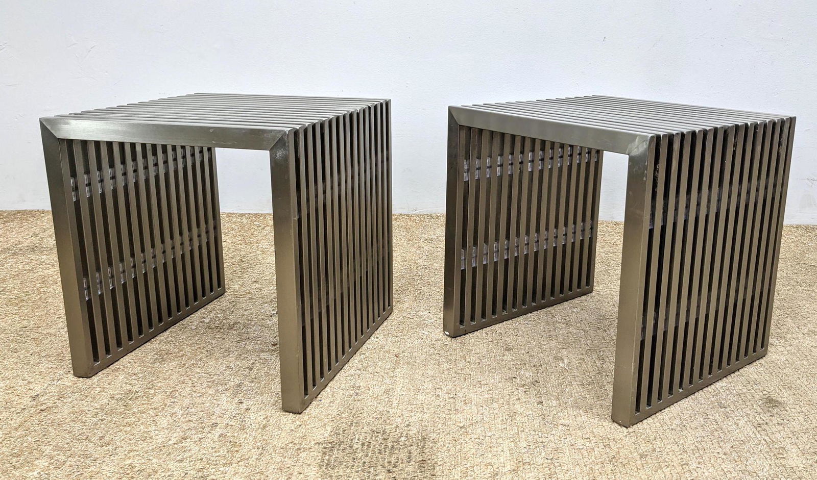 Pr Stainless Narrow Slat Bench Seat Side Tables. Acryli (1 of 8)