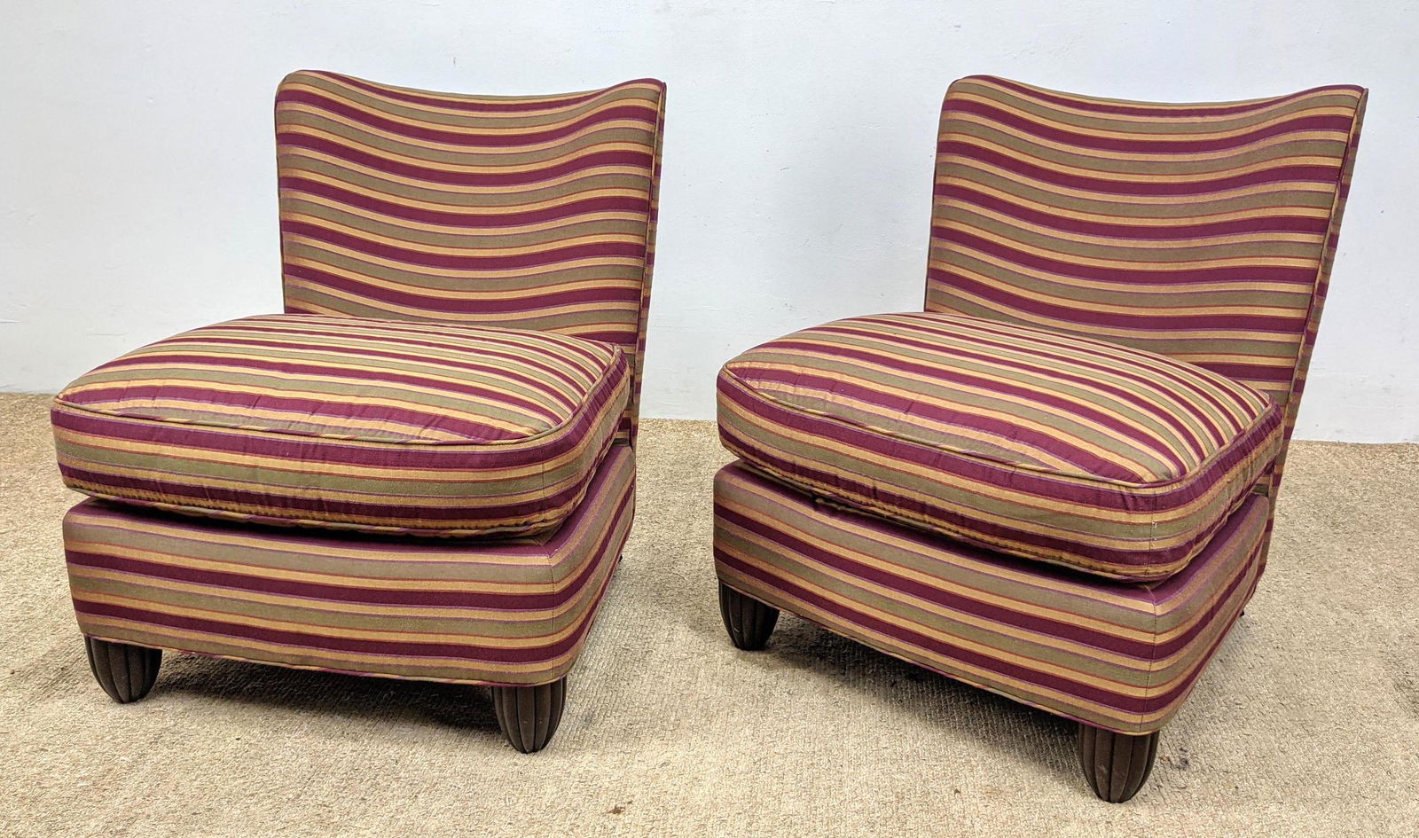 Pair BAKER FURNITURE Armless Lounge Chairs. striped uph (1 of 13)