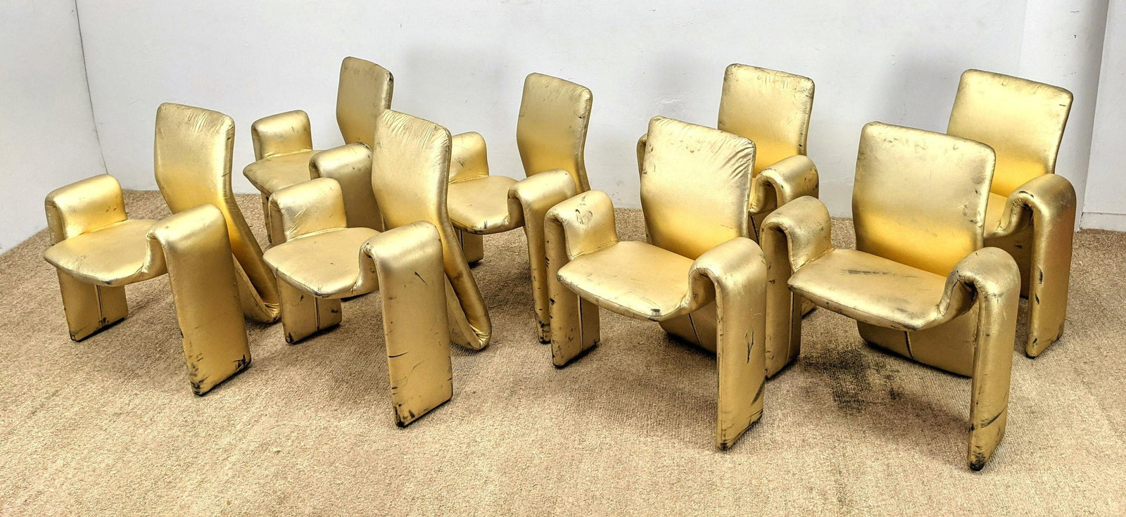 Set 8 Gold Fabric Covered Modernist Dining Chairs. Arm (1 of 13)
