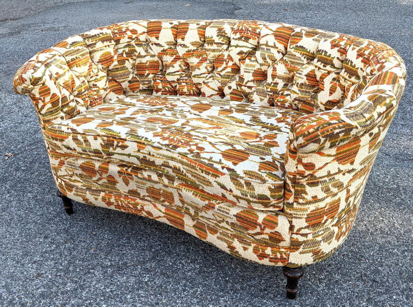 Tufted Upholstered Love Seat. Carved wood depression er (1 of 10)