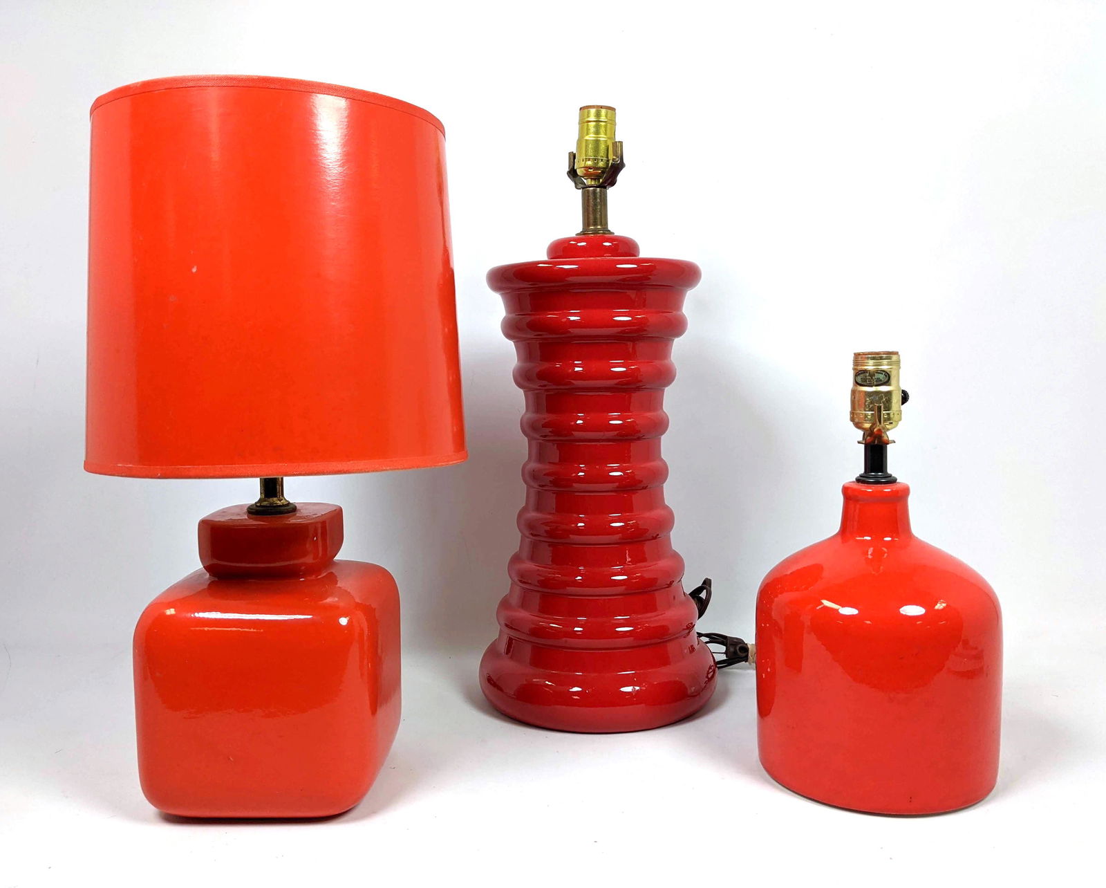 3pc Bright RED Glazed Table Lamps. One with  red paper (1 of 19)