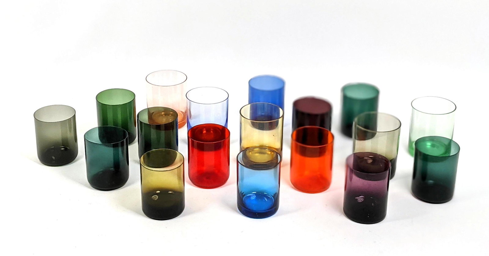 17pcs Colorful Art Glass Tumblers.: 17pcs Colorful Art Glass Tumblers. -- Dimensions: H: 3.5 inches: W: 2.75 inches: D: 2.75 inches ---