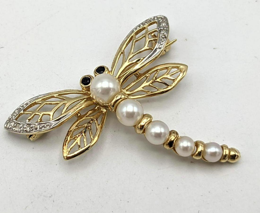14K Gold Pearl Dragonfly Pin Brooch. 2.1 dwt. (1 of 5)