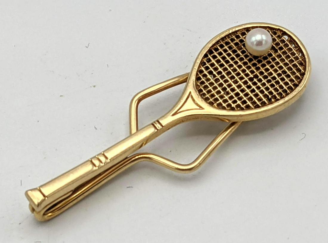 14K Gold Tennis Racket Tie Bar Clip. Set with pearl. 4. (1 of 6)