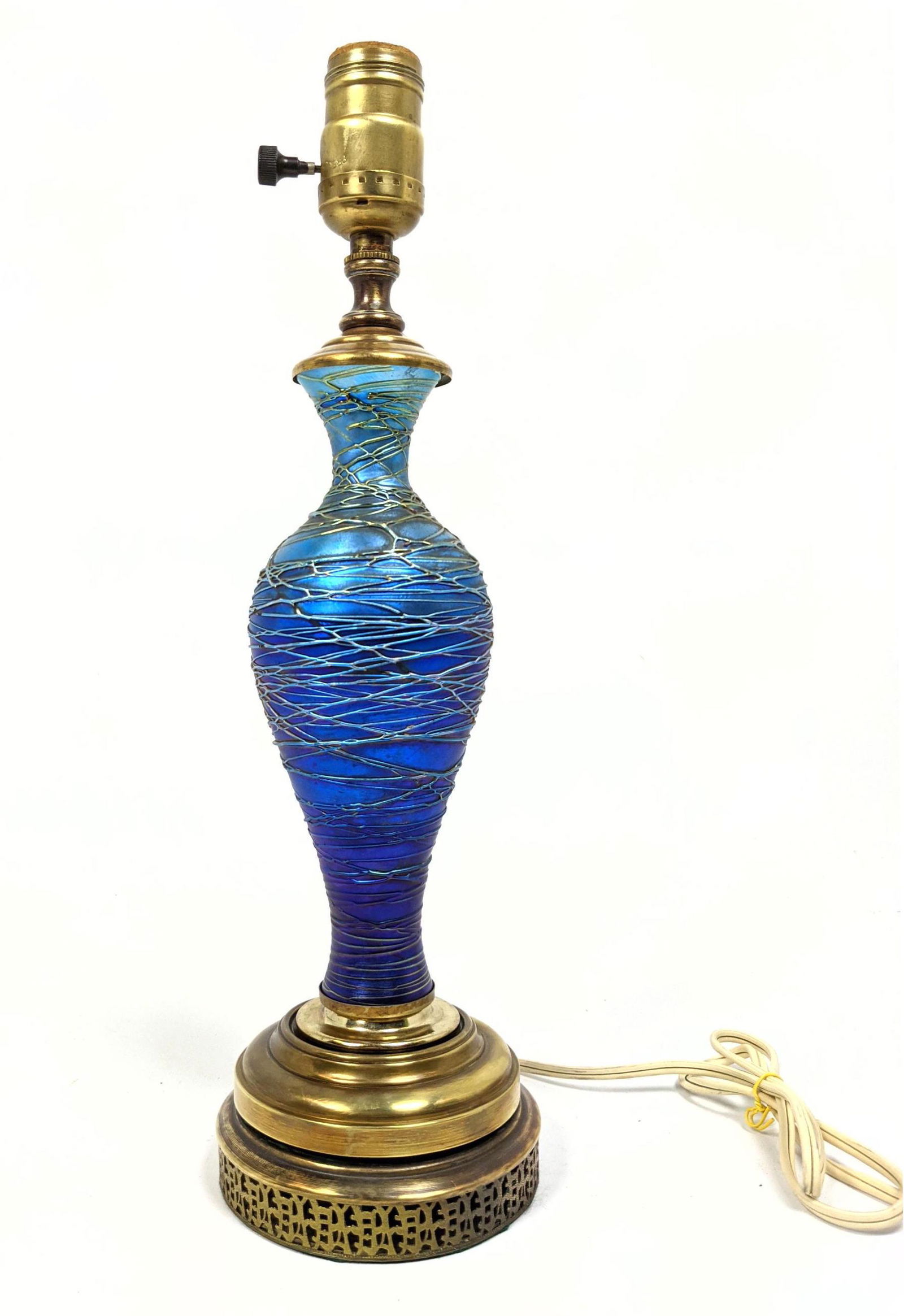 Durand Art Glass Table Lamp. Iridescent blue glass with (1 of 8)