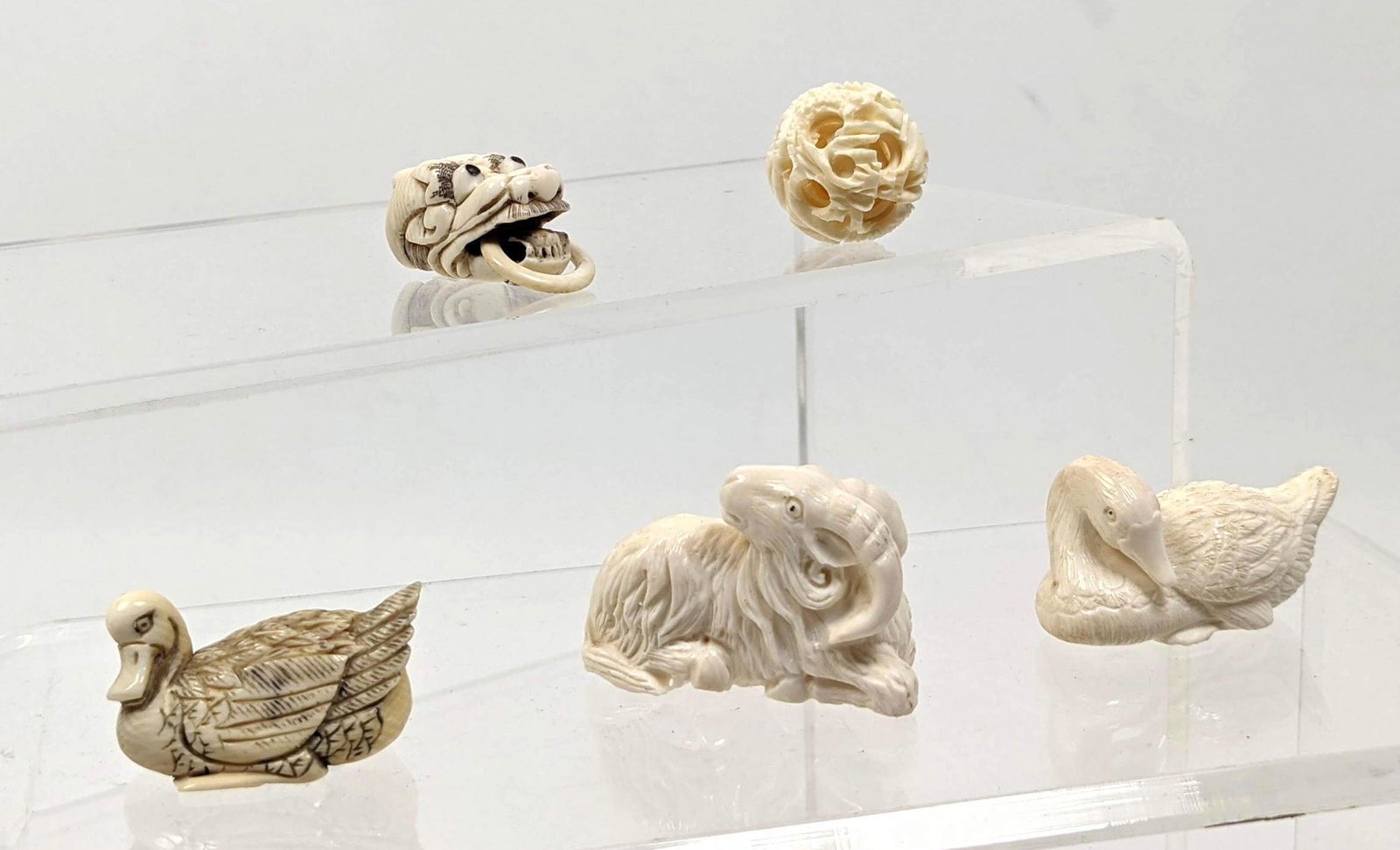 5pc Small Carved Asian Figures. Goat, swan, duck. Swan (1 of 16)