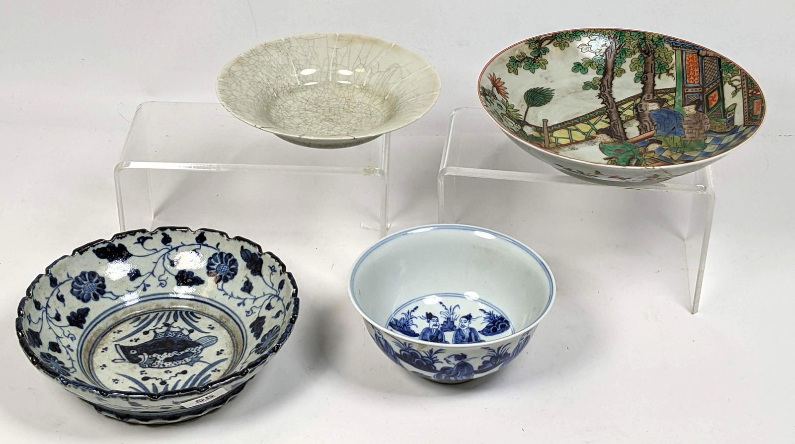 4pc Asian Pottery Bowls Dishes. Two blue decorated. One (1 of 19)