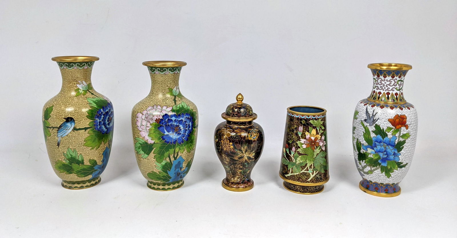 5pc Cloisonne Vase, Lidded Ginger Jar.  Flowers and bir (1 of 14)