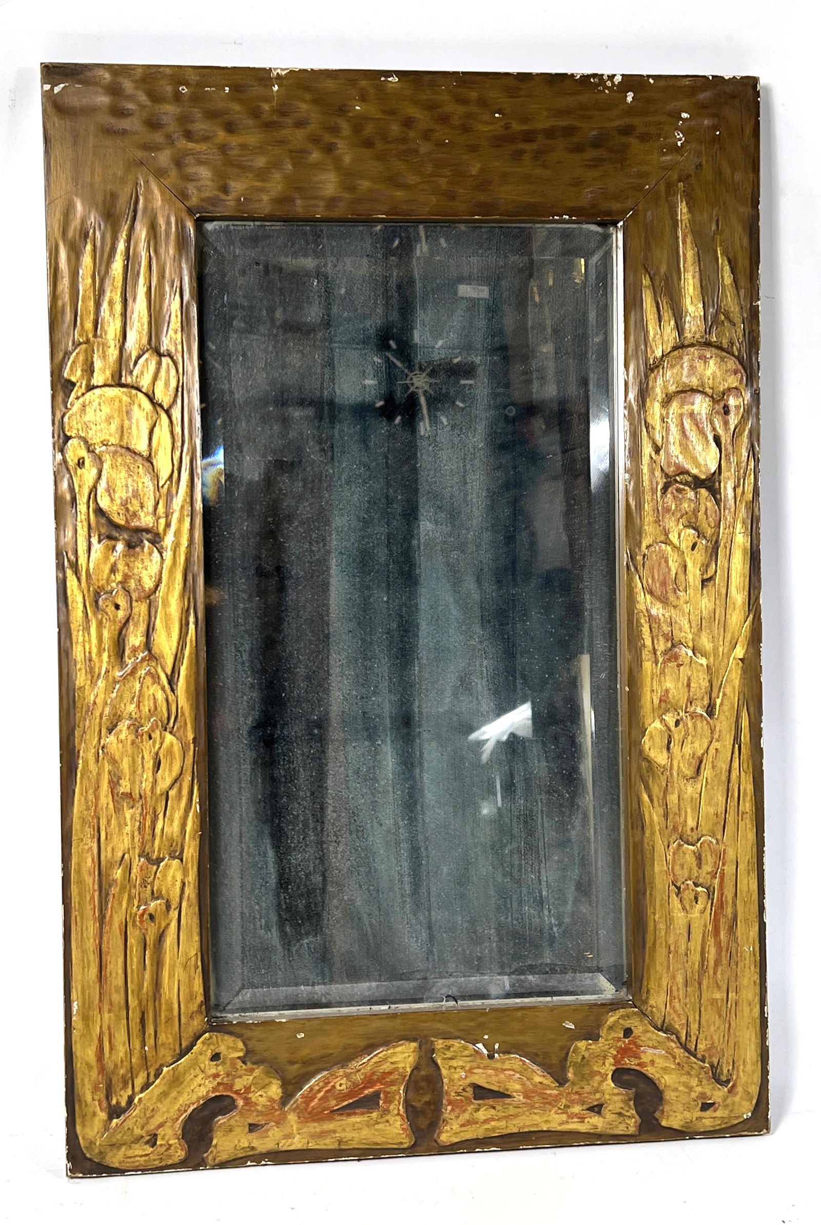 Carved Wood Art Nouveau Framed Mirror. Flowers and Bird (1 of 6)