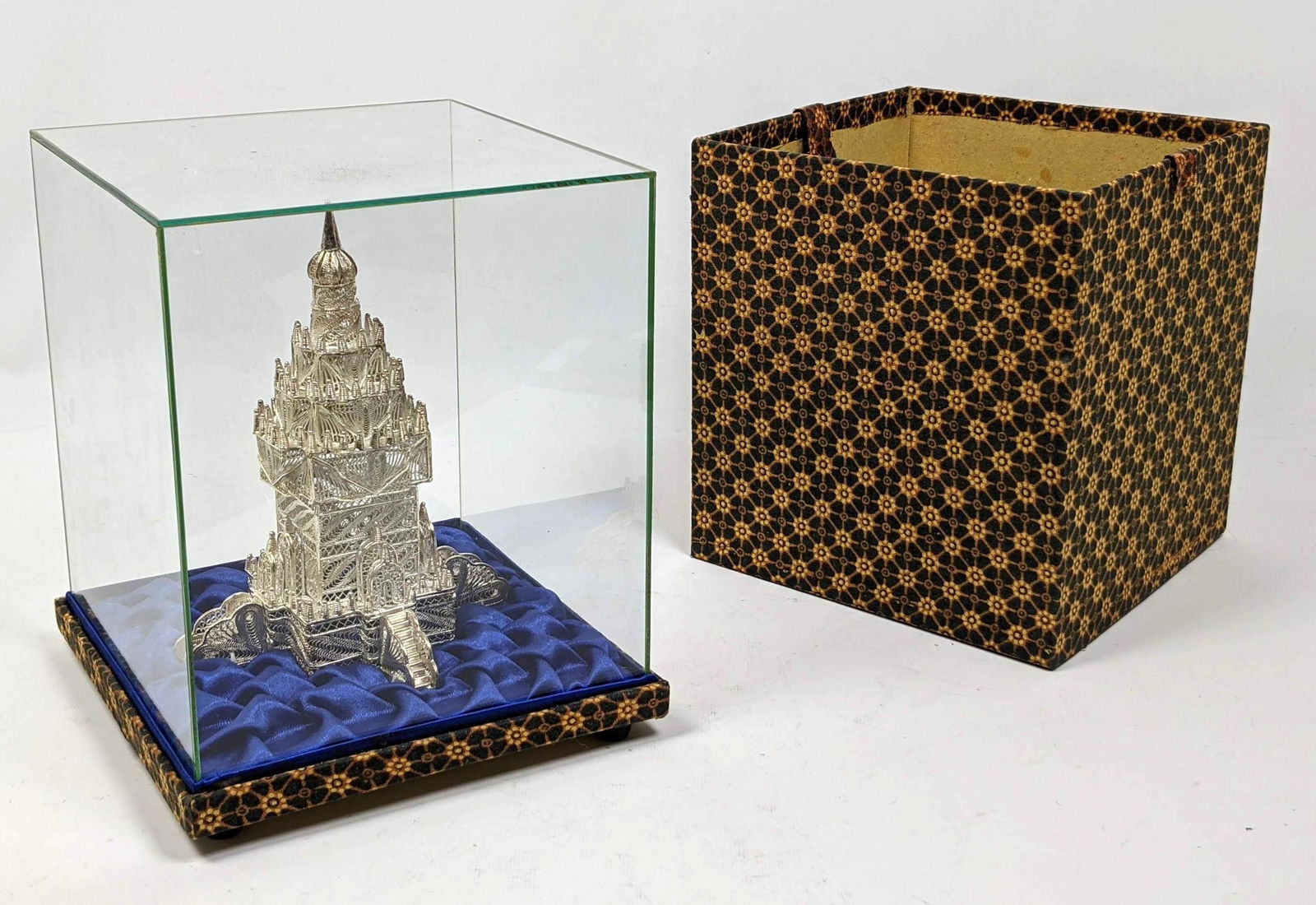 Silver filigree Building Model. Mounted on cloth base w (1 of 10)