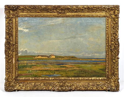 OLUF JENSEN (Danish) Antique Landscape Oil Painting. Ru: OLUF JENSEN (Danish) Antique Landscape Oil Painting. Rural Country Scene with Cow. "Farmhouse by the Sea" Signed and dated 1910. -- Dimensions: ---