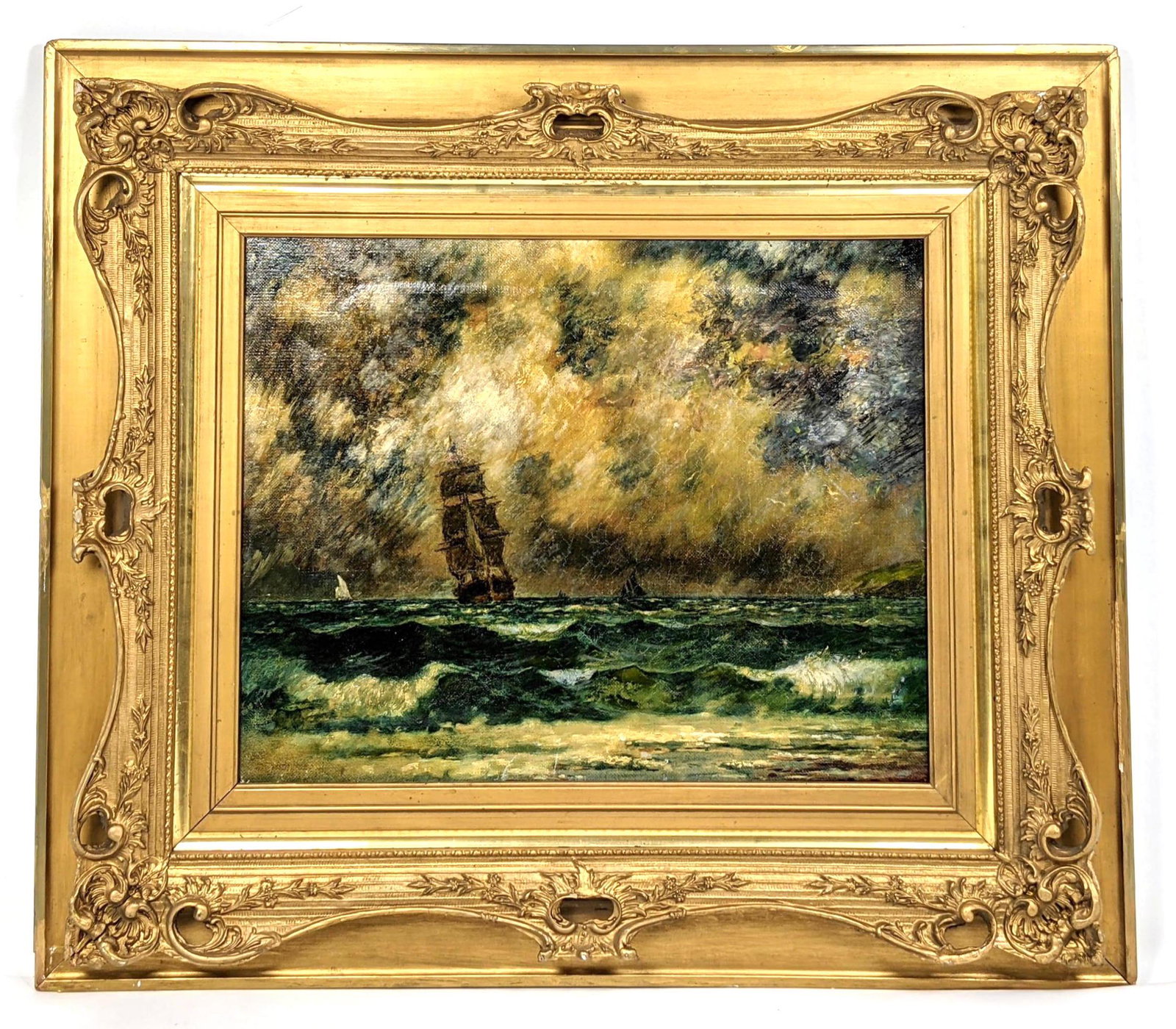 Vintage Stormy Seas Oil Painting. Signed. Sailboats. Fa (1 of 10)