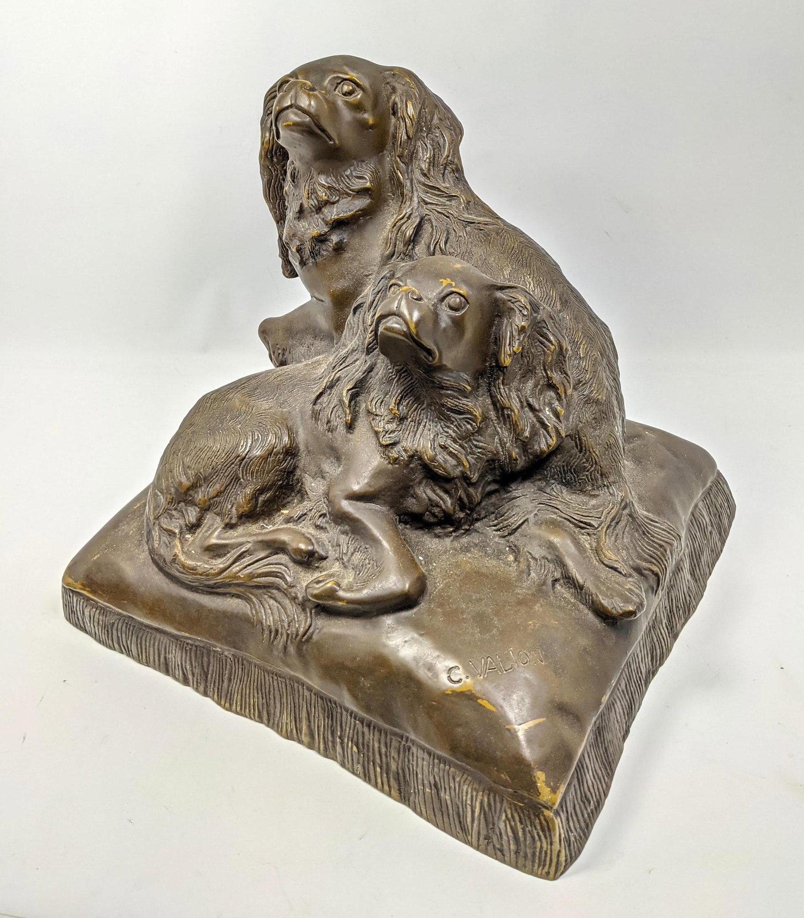 Cast Bronze Spaniels Dog Sculpture. After C Valton.: Cast Bronze Spaniels Dog Sculpture. After C Valton. -- Dimensions: H: 15 inches: W: 18 inches: D: 16 inches ---