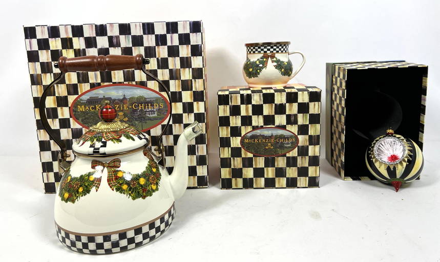 3pc MacKENZIE CHILDS Enamel "Evergreen" Teapot and Mug. Dec 06, 2021