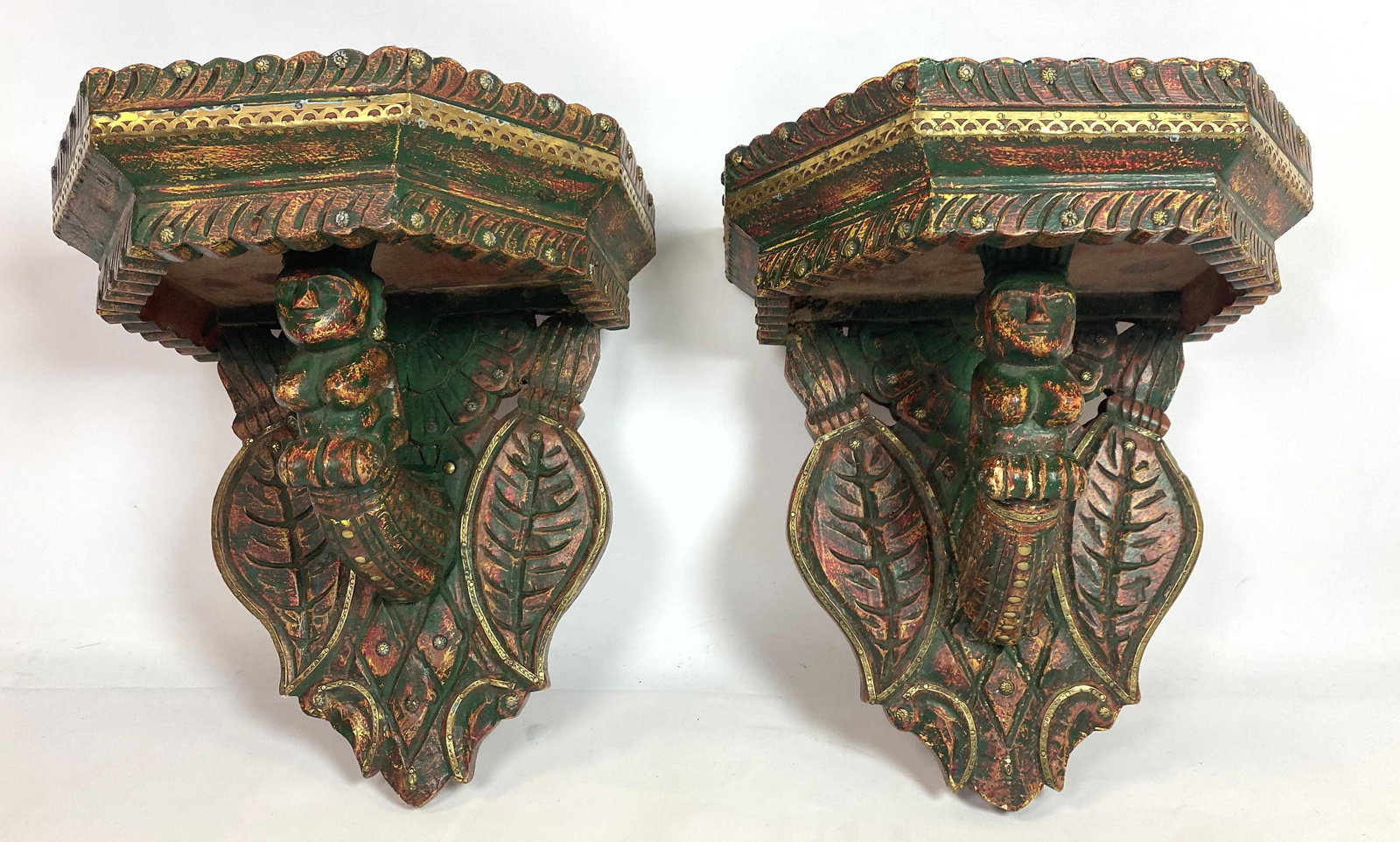 Pair Paint Decorated Carved Wood Shelf Brackets. (1 of 14)