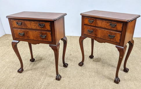 Pr SCHMIEG & KOTZIAN Cabinetmaker Stands. Two Drawers w: Pr SCHMIEG & KOTZIAN Cabinetmaker Stands. Two Drawers with batwing pulls. Cabriole legs with carved ball and claw feet. Brass label. Marked SK 6499. 7467-- Dimensions: H: 34 inches: W: 27 inches: D: 1