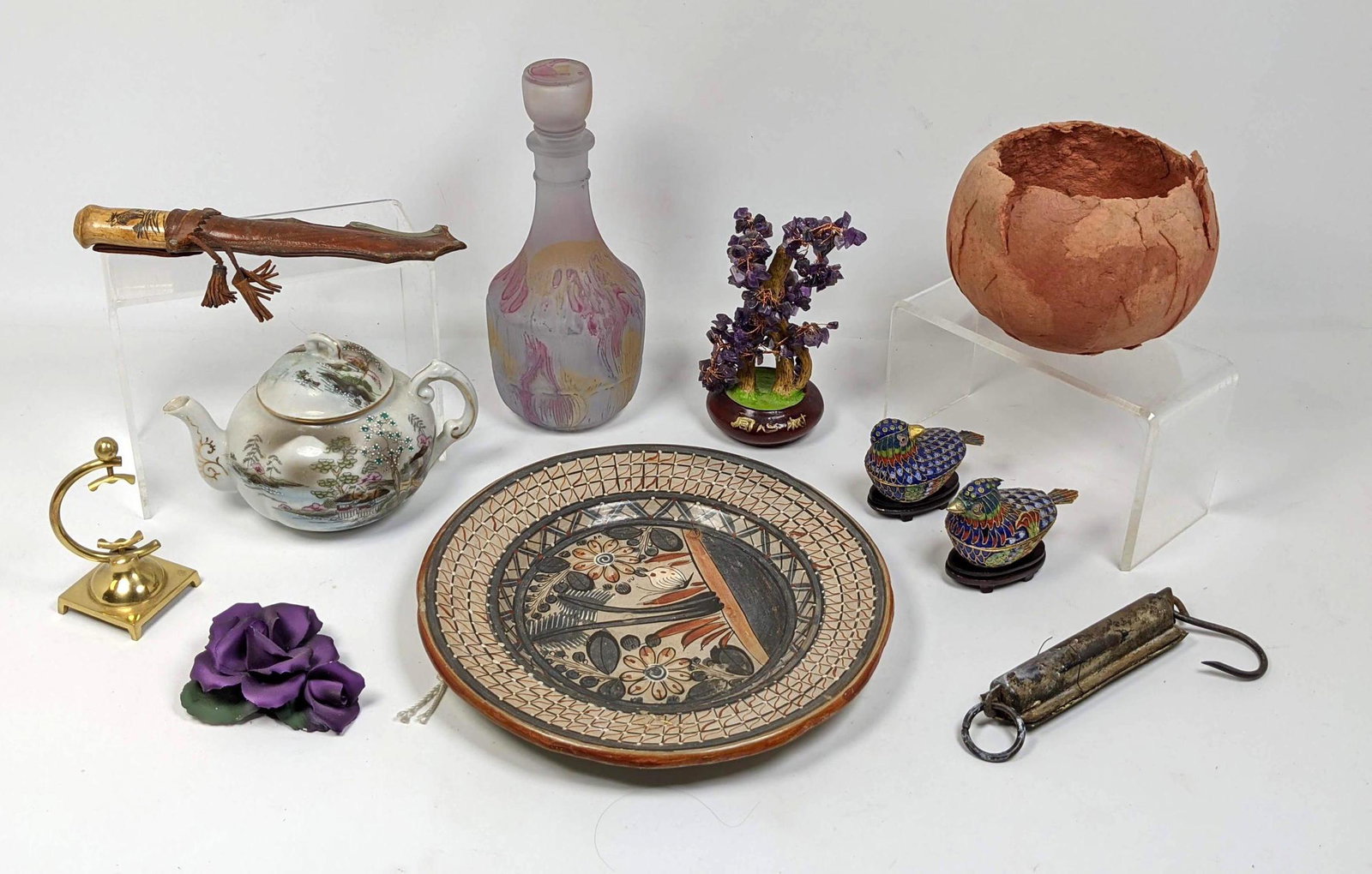 Mixed Lot. Knife with sheath, Hang scale, Jeweled Birds: Mixed Lot. Knife with sheath, Hang scale, Jeweled Birds, etc.-- Dimensions: ---