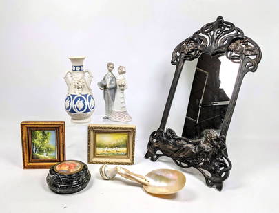 7pc Assorted medium Shelf Lot. LLADRO Bride Groom Porce: 7pc Assorted medium Shelf Lot. LLADRO Bride Groom Porcelain Statue. EDNA HIBEL Personally inscribed Lidded Box. Cast Metal Easel style Frame. Seashell Spoon Ladle. Vase. Framed Paintings. -- Dimension