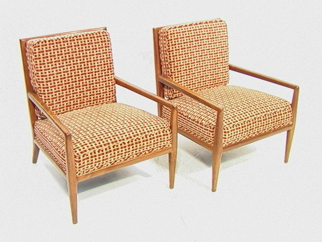 Pair Robsjohn Gibbings Lounge Chairs. Tapered wo: Pair Robsjohn Gibbings Lounge Chairs. Tapered wood design. Unmarked.-- Dimensions: H: 31 inches: W: 25.5 inches: D: 29 inches --- Condition (General): Some overall dings and scratches. Please contact 