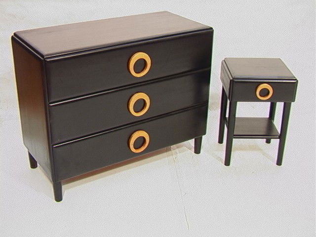 2pcs Russel Wright American Modern Dresser and Ni: 2pcs Russel Wright American Modern Dresser and Nightstand. Ebonized finish.-- Dimensions: H: 33 inches: W: 42 inches: D: 19 inches --- Condition (General): Very Good Condition. Please contact us with