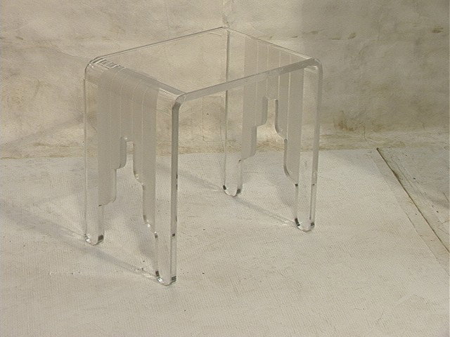 70's Modern Lucite Stool Table. Frosted end desi: 70's Modern Lucite Stool Table. Frosted end design. Unmarked.-- Dimensions: H: 16.5 inches: W: 17.5 inches: D: 12 inches --- Condition (General): Very Good Condition. Some scratches. Please contact us