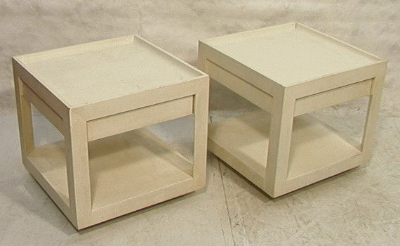 Pair Karl Springer Style Side end Tables. Faux S: Pair Karl Springer Style Side end Tables. Faux Snakeskin Covered. One drawer.-- Dimensions: H: 22.25 inches: W: 24 inches --- Condition (General): Some stains. Little wear to corners. Please contact u