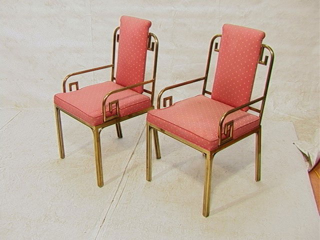 Pr MASTERCRAFT Brass Arm Chairs. Solid Construc: Pr MASTERCRAFT Brass Arm Chairs. Solid Construction. Brass finish. Asian/ Greek Key motif. Upholstered seat and back. 2 PCS.-- Dimensions: H: 36.5 inches: W: 22 inches: D: 22 inches --- Condition (Gen