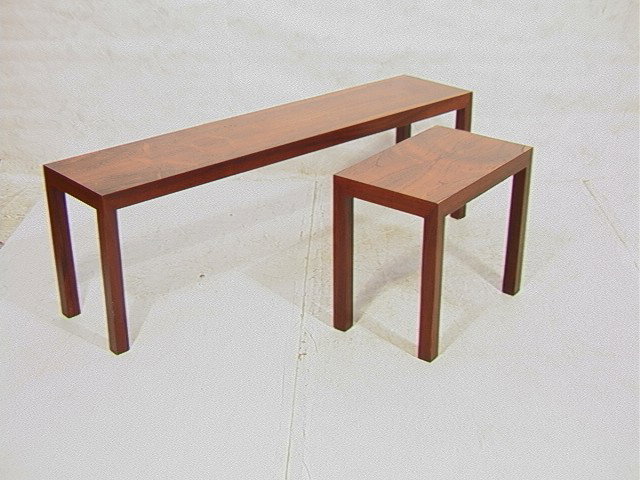 2pcs Rosewood Coffee and End Table. Parsons styl: 2pcs Rosewood Coffee and End Table. Parsons style. Danish Modern.-- Dimensions: H: 21 inches: W: 66 inches: D: 15 inches --- Condition (General): Some pitting and one large scratche to top. Some edge 