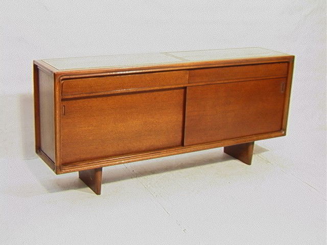 Romweber Credenza Sideboard Cabinet. Oak cabinet: Romweber Credenza Sideboard Cabinet. Oak cabinet with inset travertine top.-- Dimensions: H: 37 inches: W: 84 inches: D: 19 inches --- Condition (General): Very Good Condition. Please contact us with