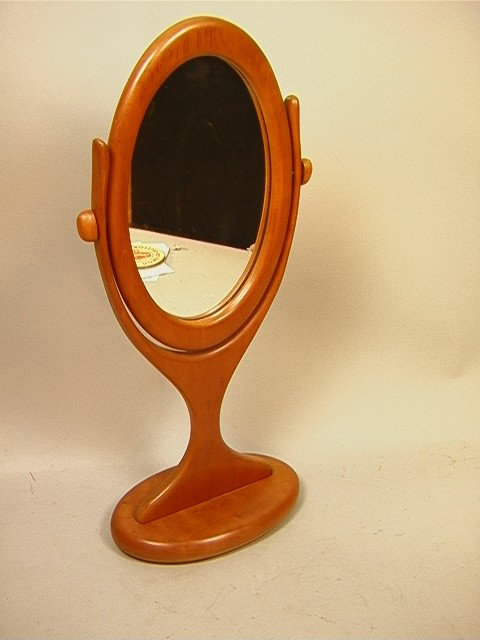 Studio Wood Table Top Vanity Mirror. Unmarked.: Studio Wood Table Top Vanity Mirror. Unmarked.-- Dimensions: H: 22 inches: W: 9.5 inches: D: 5.5 inches --- Condition (General): Very Good Condition. Please contact us with specific questions about co