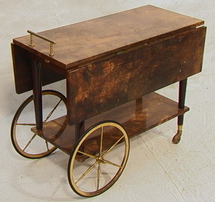 Aldo Tura Goat Skin Teacart Server. Bar Cart.: Aldo Tura Goat Skin Teacart Server. Bar Cart. -- Dimensions: H: 27.25 inches: W: 35.5 inches: D: 17.5 inches --- Condition (General): Some dings, scratches and chips. Missing cap under one support. Pi