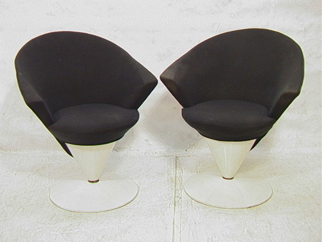 Pair 60's Modern Cone Chairs. Craft Associates.: Pair 60's Modern Cone Chairs. Craft Associates. Black wool on white metal bases. Swivel.-- Dimensions: H: 34 inches: W: 30 inches: D: 29 inches --- Condition (General): Dirty. Minor paint loss. Please