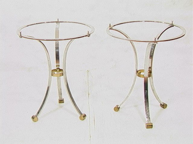 Pr MAISON JANSEN Round End Table Frames. Chromed: Pr MAISON JANSEN Round End Table Frames. Chromed Steel & Brass Corseted bases. Tripod legs with brass caps and waist. Unmarked. 2 PCS.-- Dimensions: H: 26.5 inches: W: 23 inches: D: 23 inches --- Cond