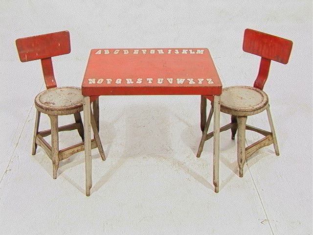 Industrial style Childs Table and 2 Chair Set. R: Industrial style Childs Table and 2 Chair Set. Red Painted set with original stenciled alphabet. -- Dimensions: H: 20.5 inches: W: 23.5 inches: D: 19.5 inches --- Condition (General): Wear to paint. V
