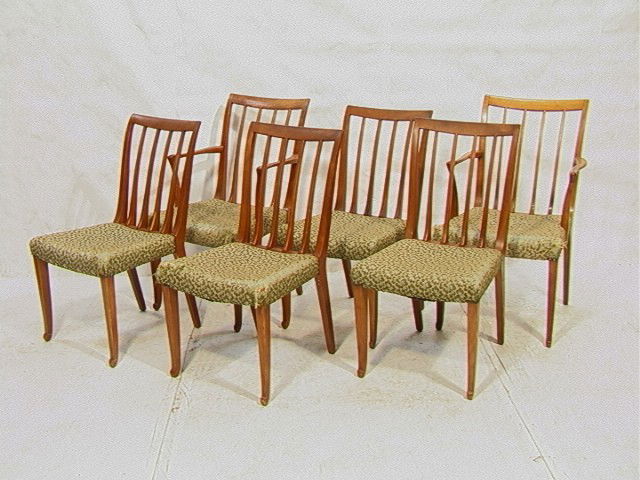 Set Six DUNBAR Walnut Dining Chairs. Slat back Di: Set Six DUNBAR Walnut Dining Chairs. Slat back Dining Chairs. Two arms and Four Side Chairs. Upholstered Seats. 6 PCS.-- Dimensions: H: 37 inches: W: 22 inches: D: 25 inches --- Condition (General): W
